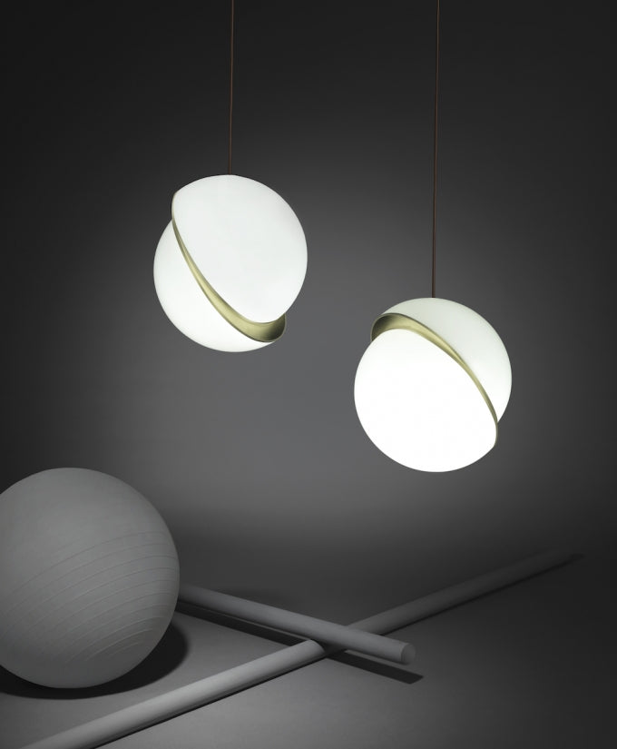 Modern Crescent Brass Pendant Light with Opal Globe Shade and Brushed Fascia