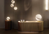 Modern Crescent Brass Pendant Light with Opal Globe Shade and Brushed Fascia