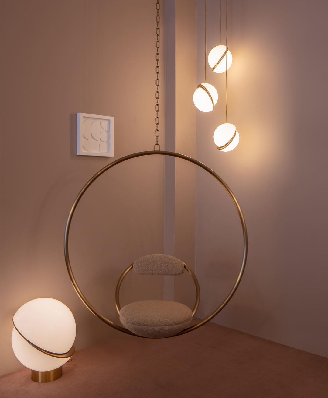 Modern Crescent Brass Pendant Light with Opal Globe Shade and Brushed Fascia
