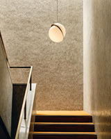 Modern Crescent Brass Pendant Light with Opal Globe Shade and Brushed Fascia