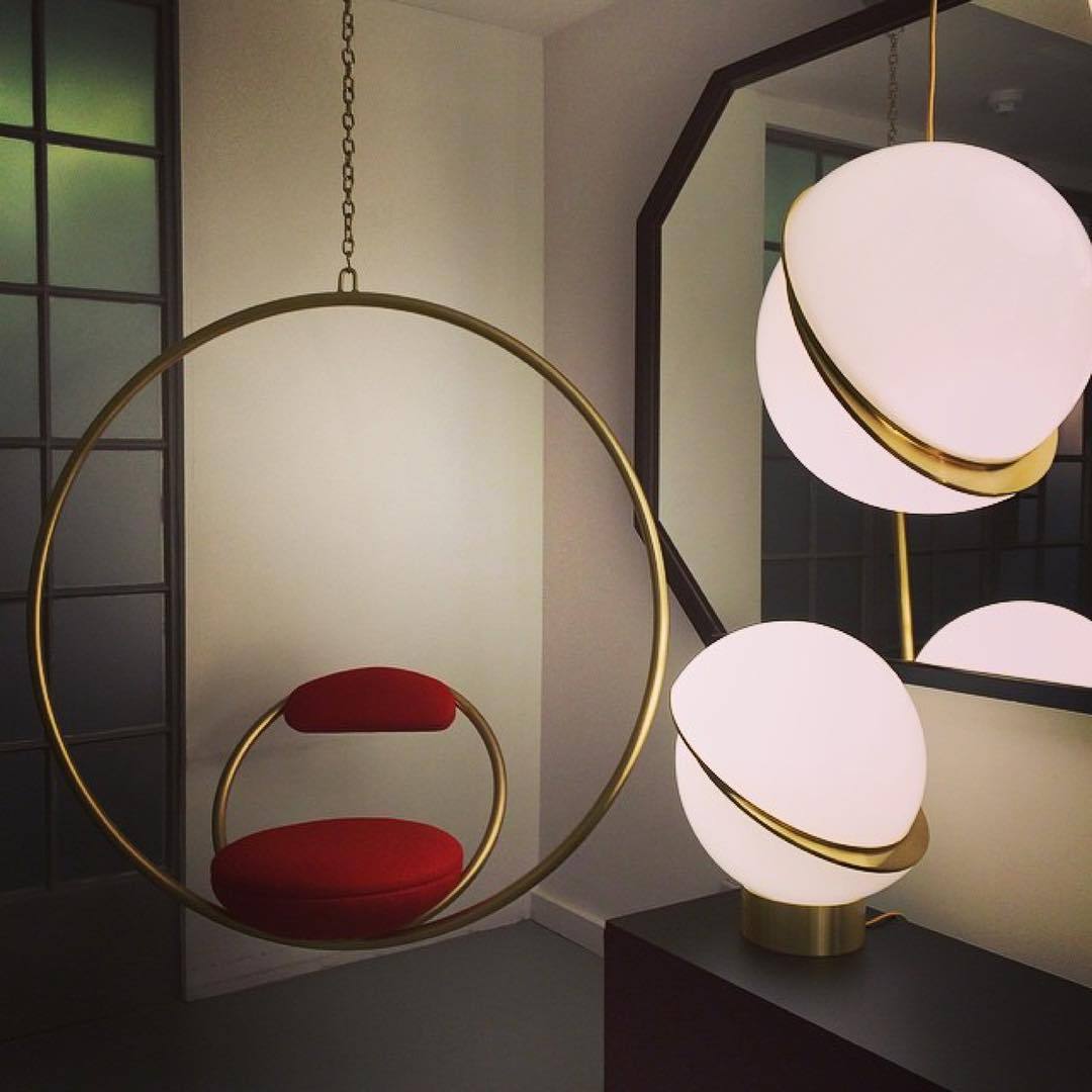 Modern Crescent Brass Pendant Light with Opal Globe Shade and Brushed Fascia