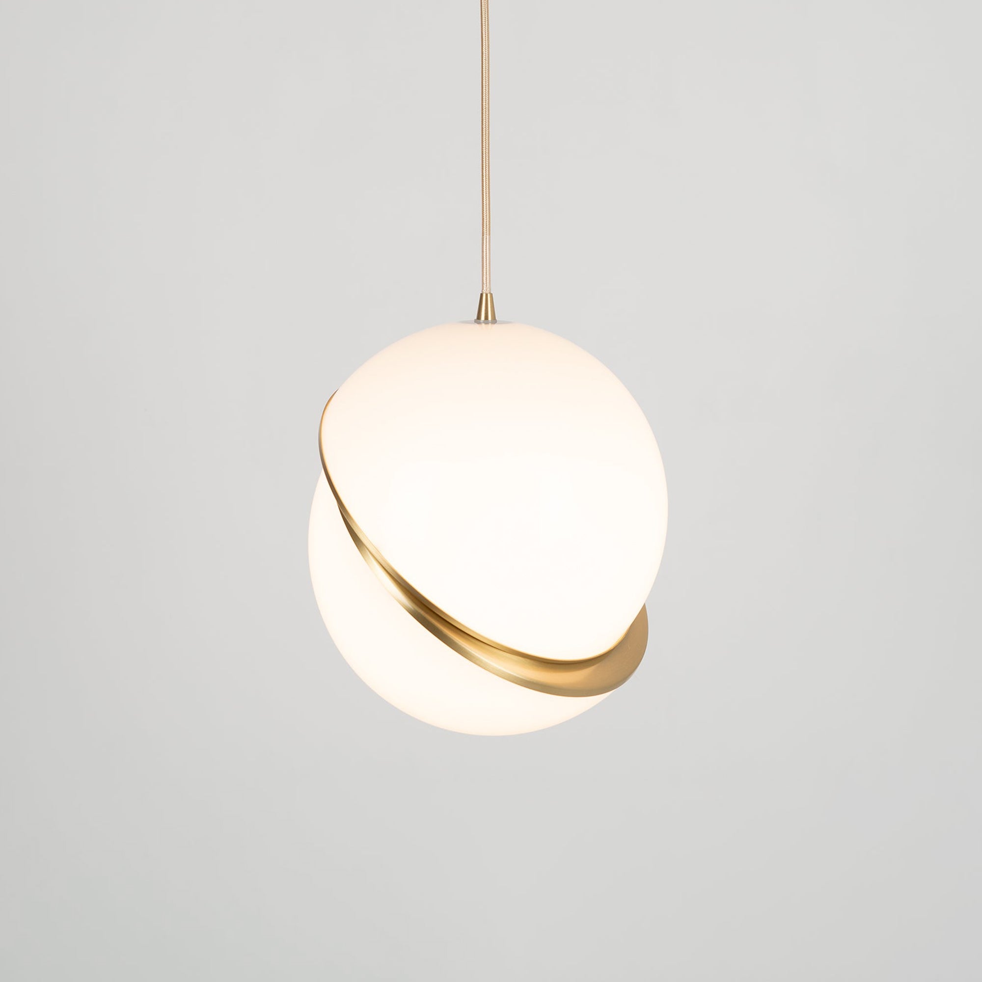 Modern Crescent Brass Pendant Light with Opal Globe Shade and Brushed Fascia