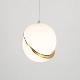 Modern Crescent Brass Pendant Light with Opal Globe Shade and Brushed Fascia