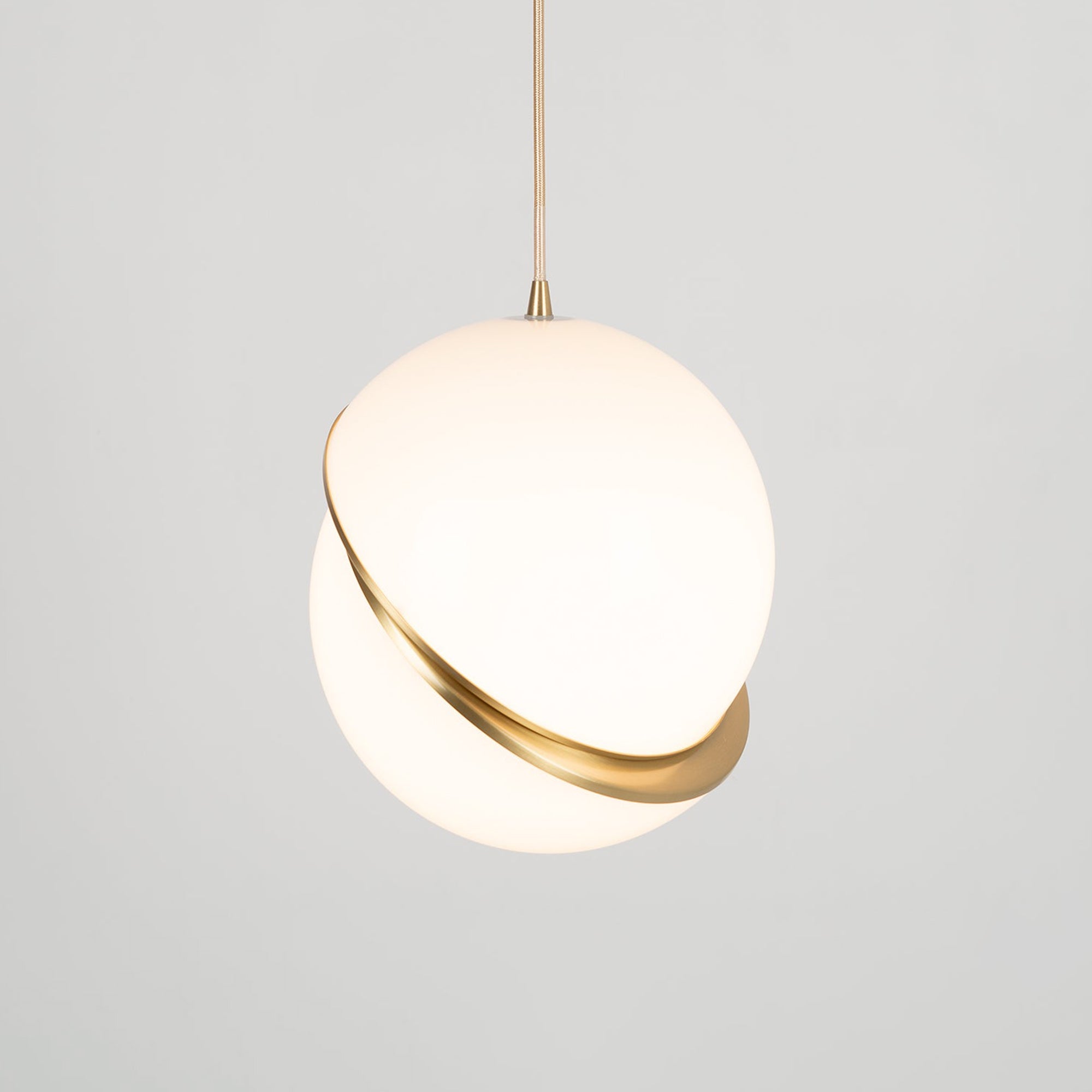 Modern Crescent Brass Pendant Light with Opal Globe Shade and Brushed Fascia