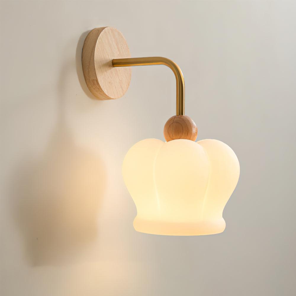 Modern Crown Wall Sconce Set of 2 Metal and Wood Glass Shade Lighting Fixture