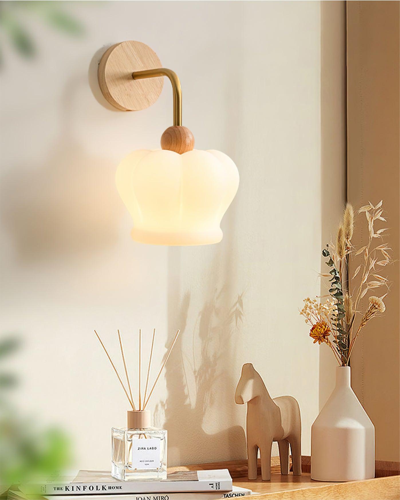 Modern Crown Wall Sconce Set of 2 Metal and Wood Glass Shade Lighting Fixture
