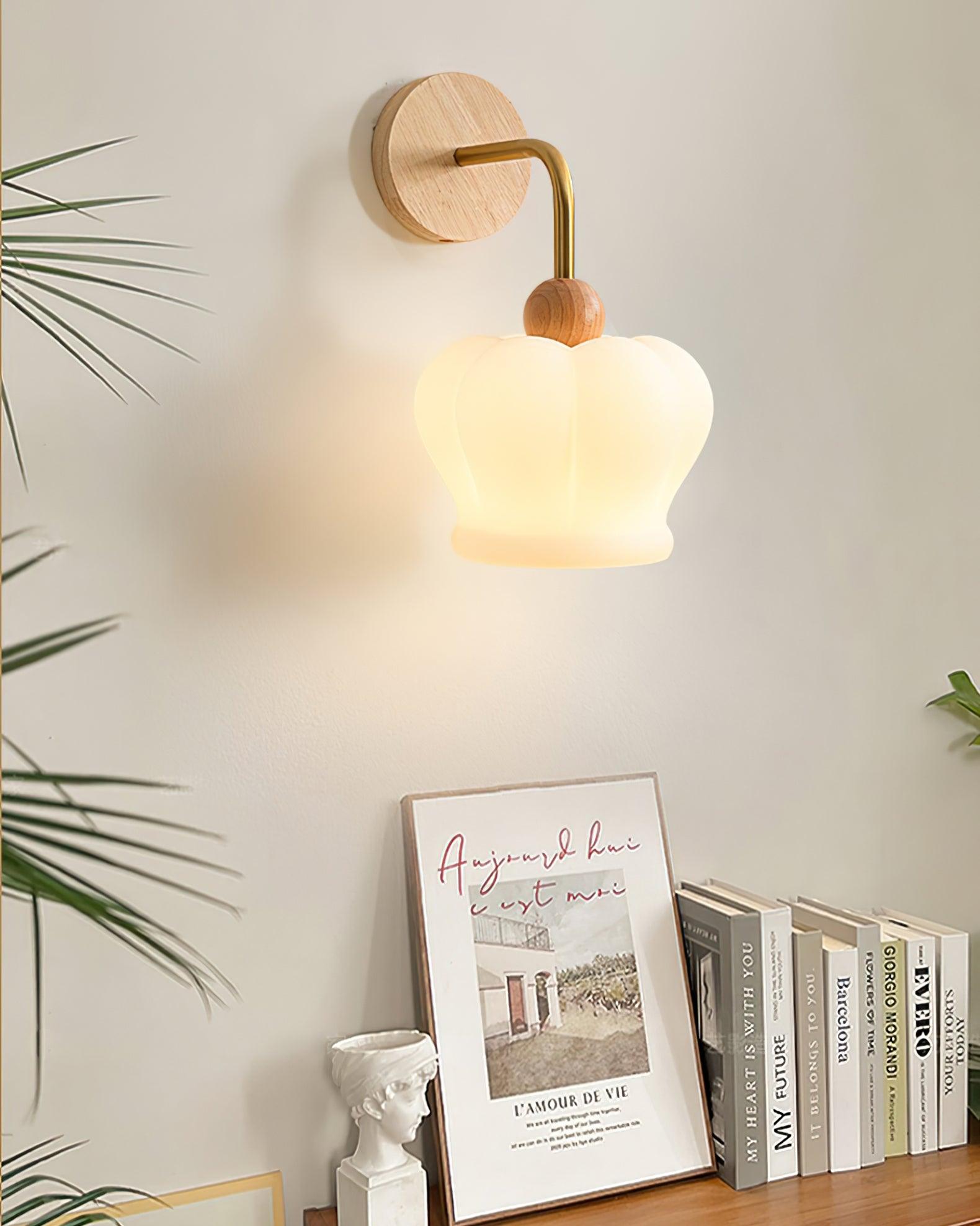 Modern Crown Wall Sconce Set of 2 Metal and Wood Glass Shade Lighting Fixture