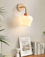 Modern Crown Wall Sconce Set of 2 Metal and Wood Glass Shade Lighting Fixture