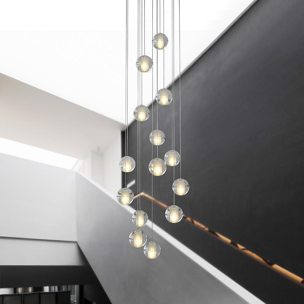 Modern Crystal Ball LED Chandelier 14 Light Adjustable Height Dimmable Staircase Pendant Light