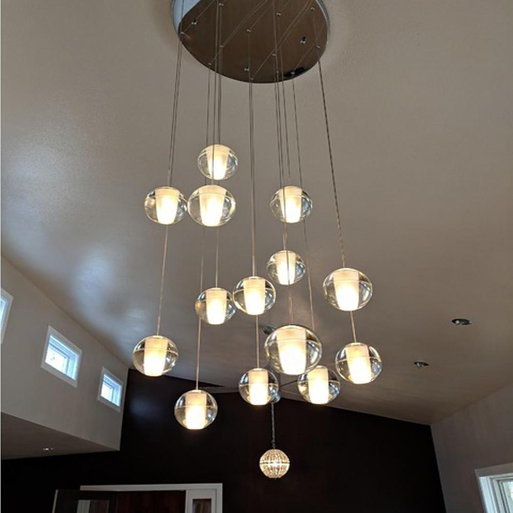 Modern Crystal Ball LED Chandelier 14 Light Adjustable Height Dimmable Staircase Pendant Light