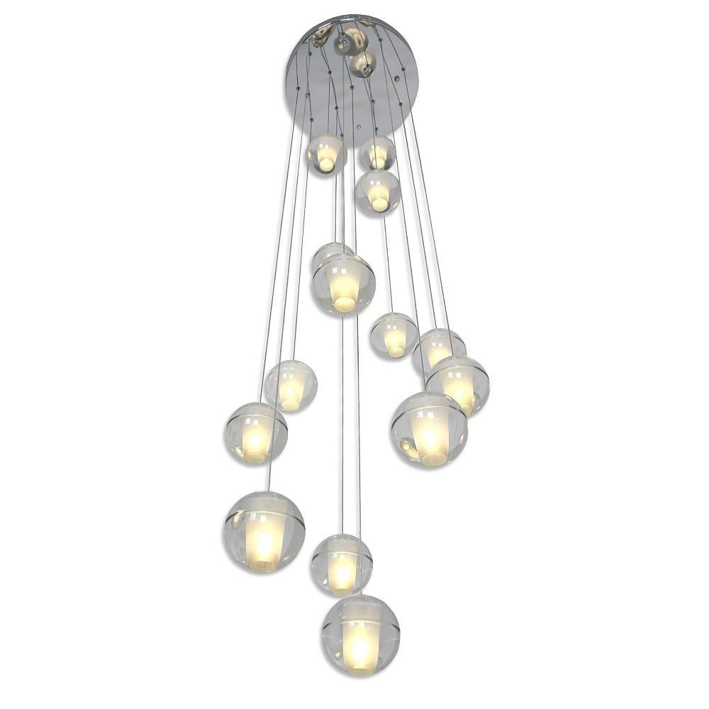 Modern Crystal Ball LED Chandelier 14 Light Adjustable Height Dimmable Staircase Pendant Light