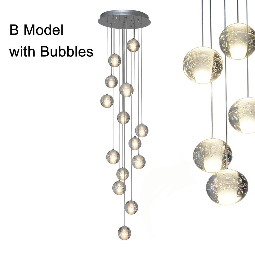Modern Crystal Ball LED Chandelier 14 Light Adjustable Height Dimmable Staircase Pendant Light