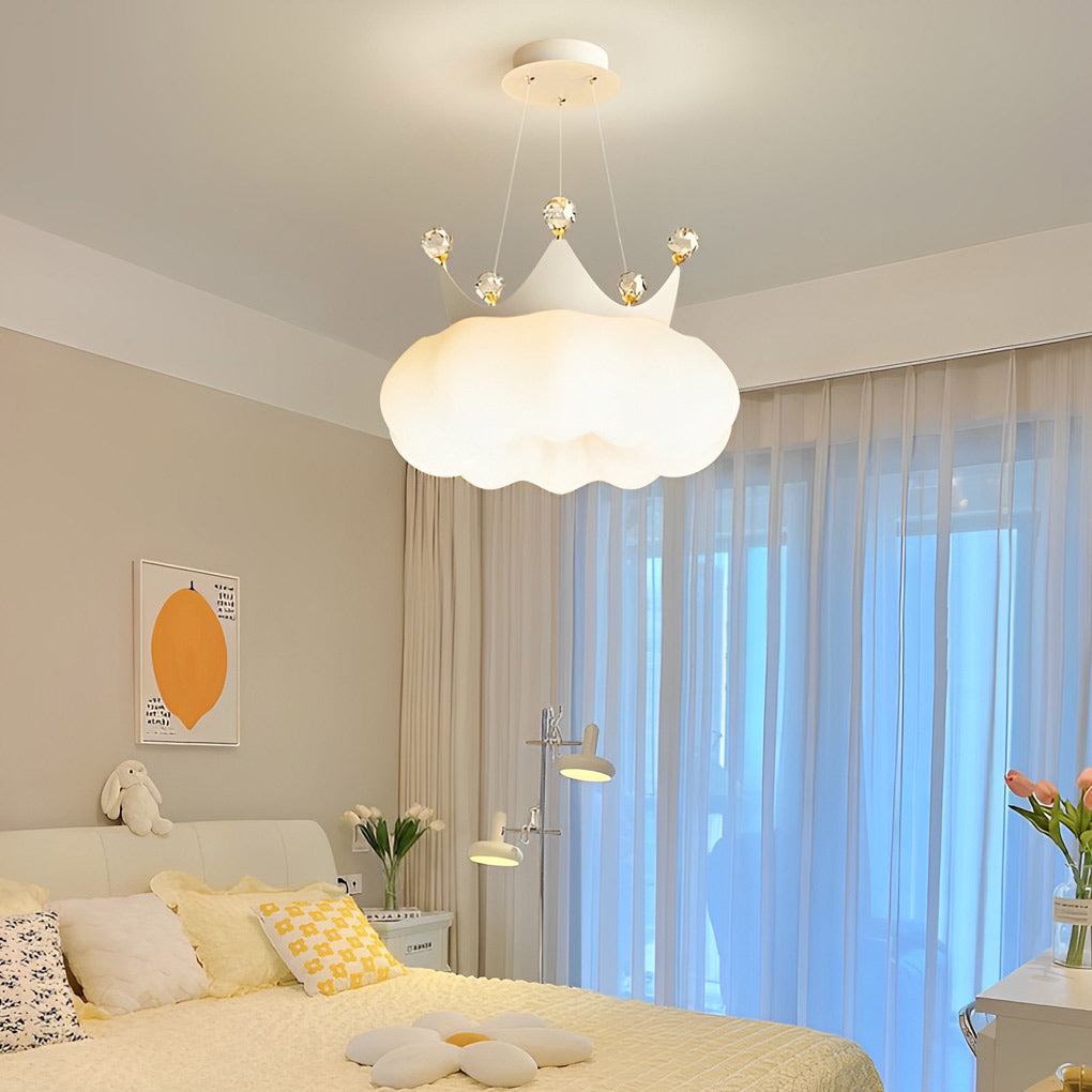 Modern Crystal Cloud Crown LED Pendant Light Three Step Dimming Ceiling Fixture Gold and White