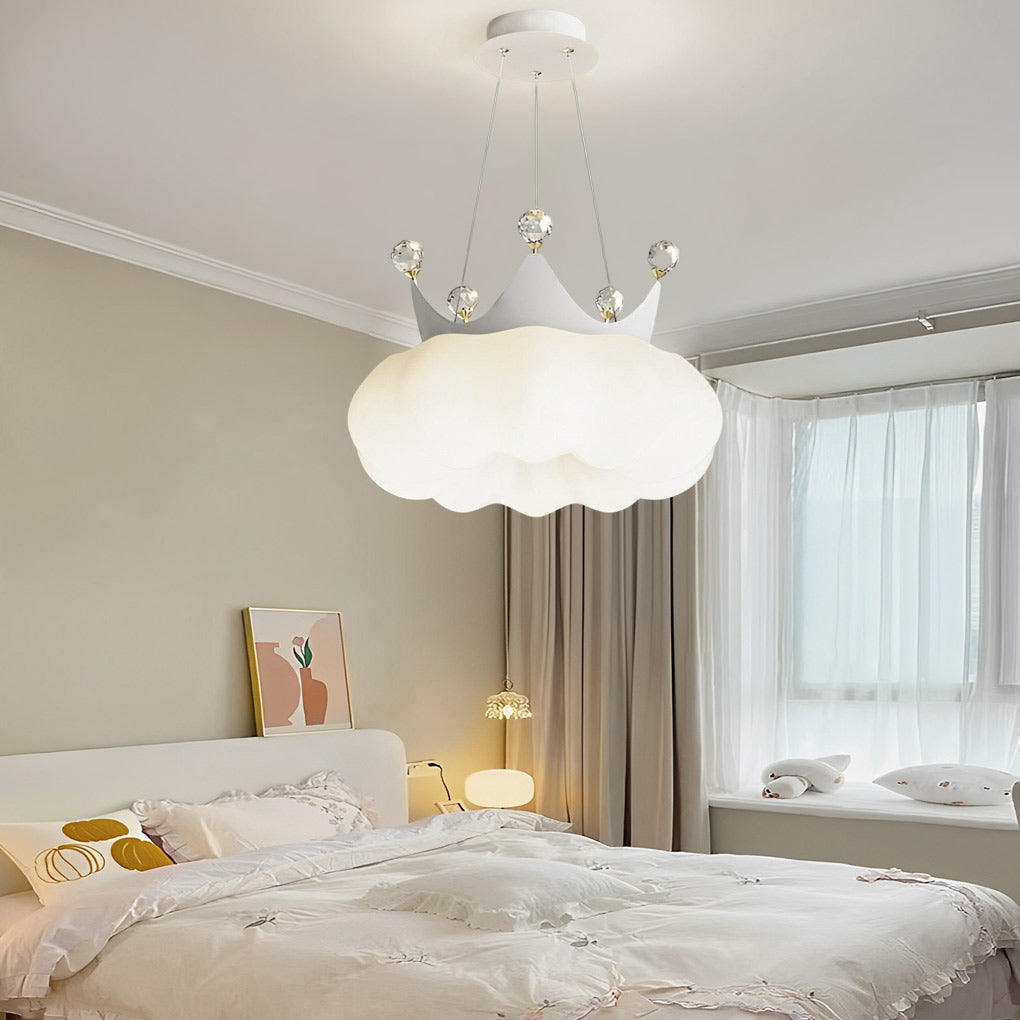 Modern Crystal Cloud Crown LED Pendant Light Three Step Dimming Ceiling Fixture Gold and White