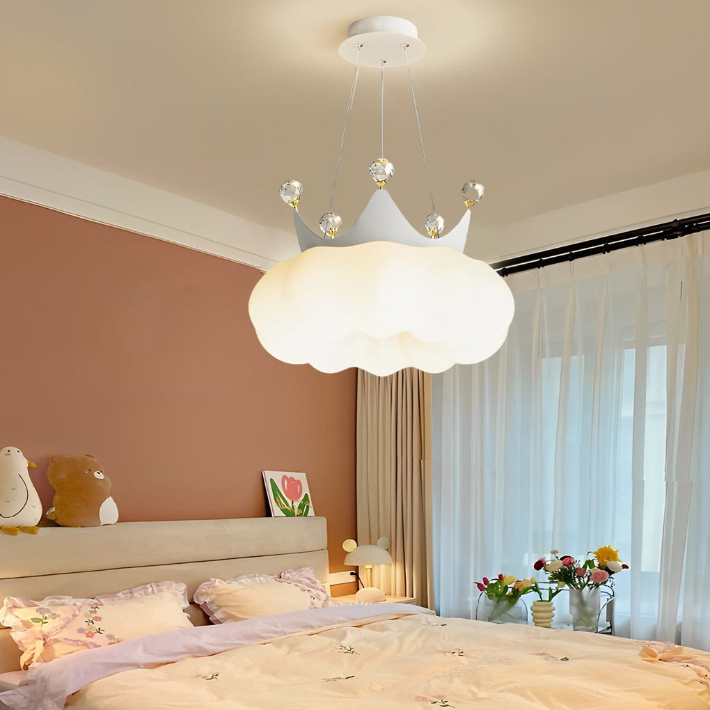 Modern Crystal Cloud Crown LED Pendant Light Three Step Dimming Ceiling Fixture Gold and White