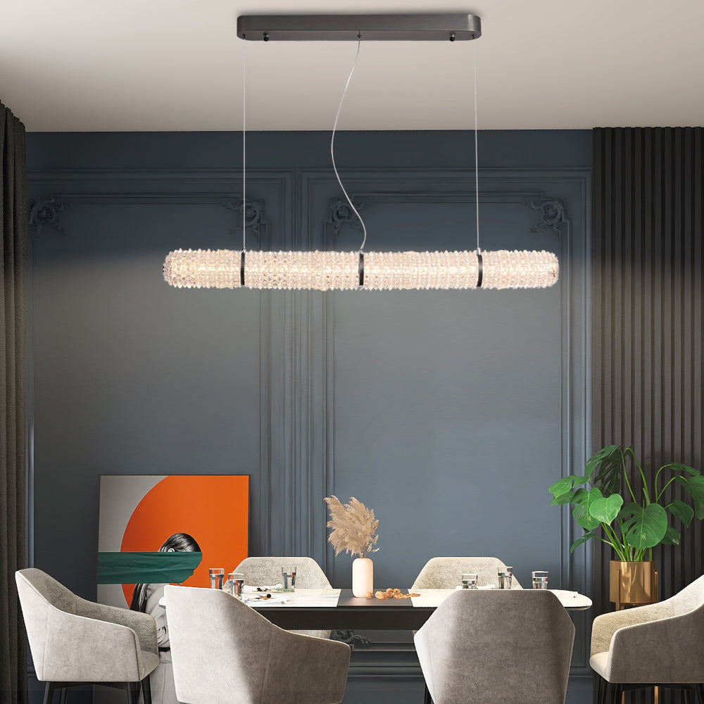 Modern Crystal Linear Island Pendant Light Brushed Black LED Chandelier for Kitchen Dining Room