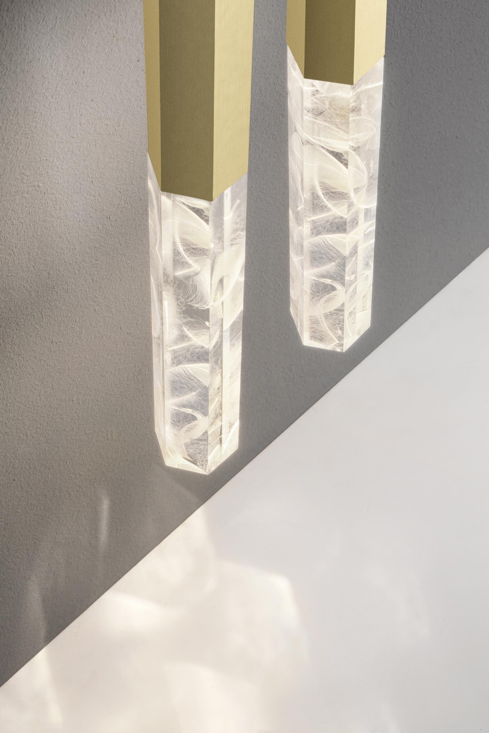 Modern Crystal Plumage LED Pendant Light Vertical Brass Suspension Hanging Lamp