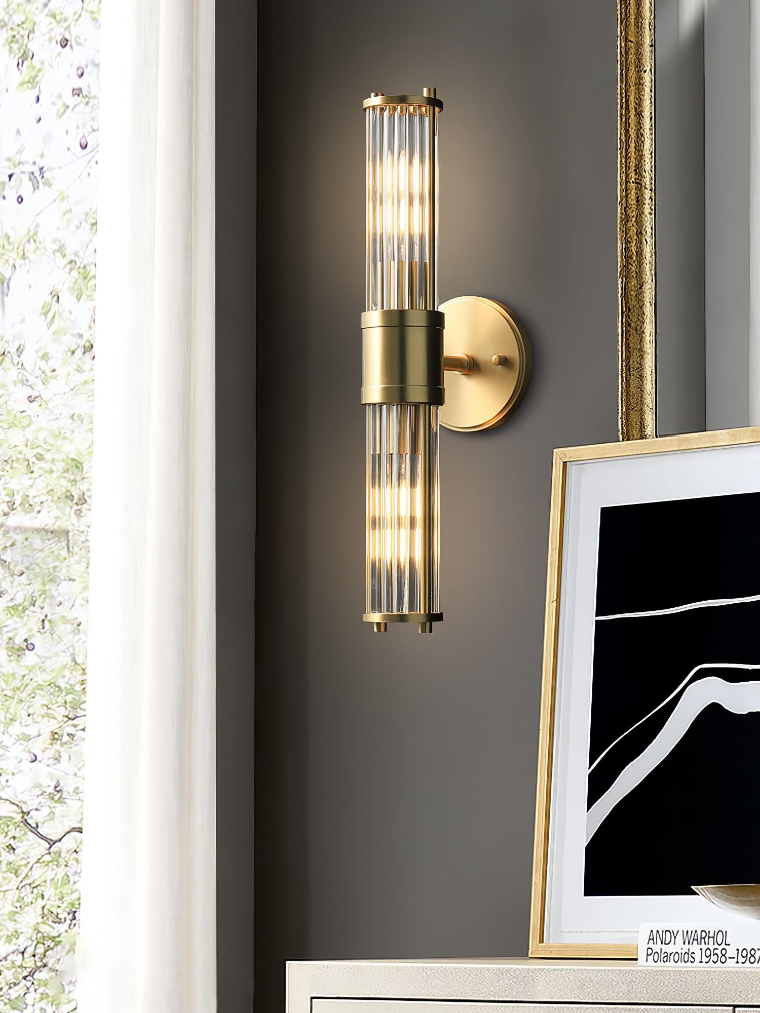 Modern Crystal Rod Cylinder Wall Sconce Brass Indoor Lighting for Living Room and Vanity