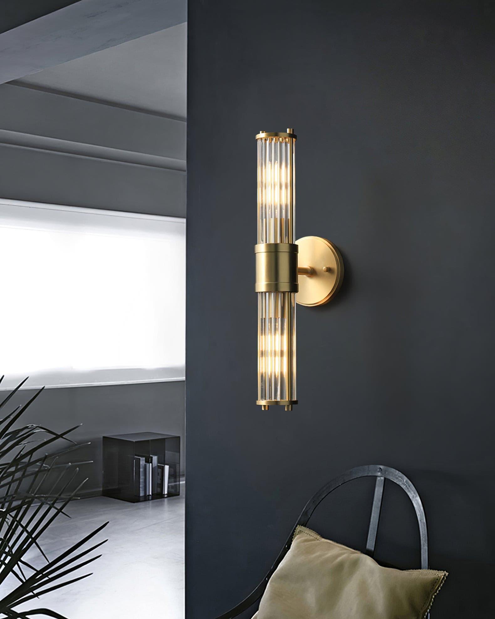 Modern Crystal Rod Cylinder Wall Sconce Brass Indoor Lighting for Living Room and Vanity