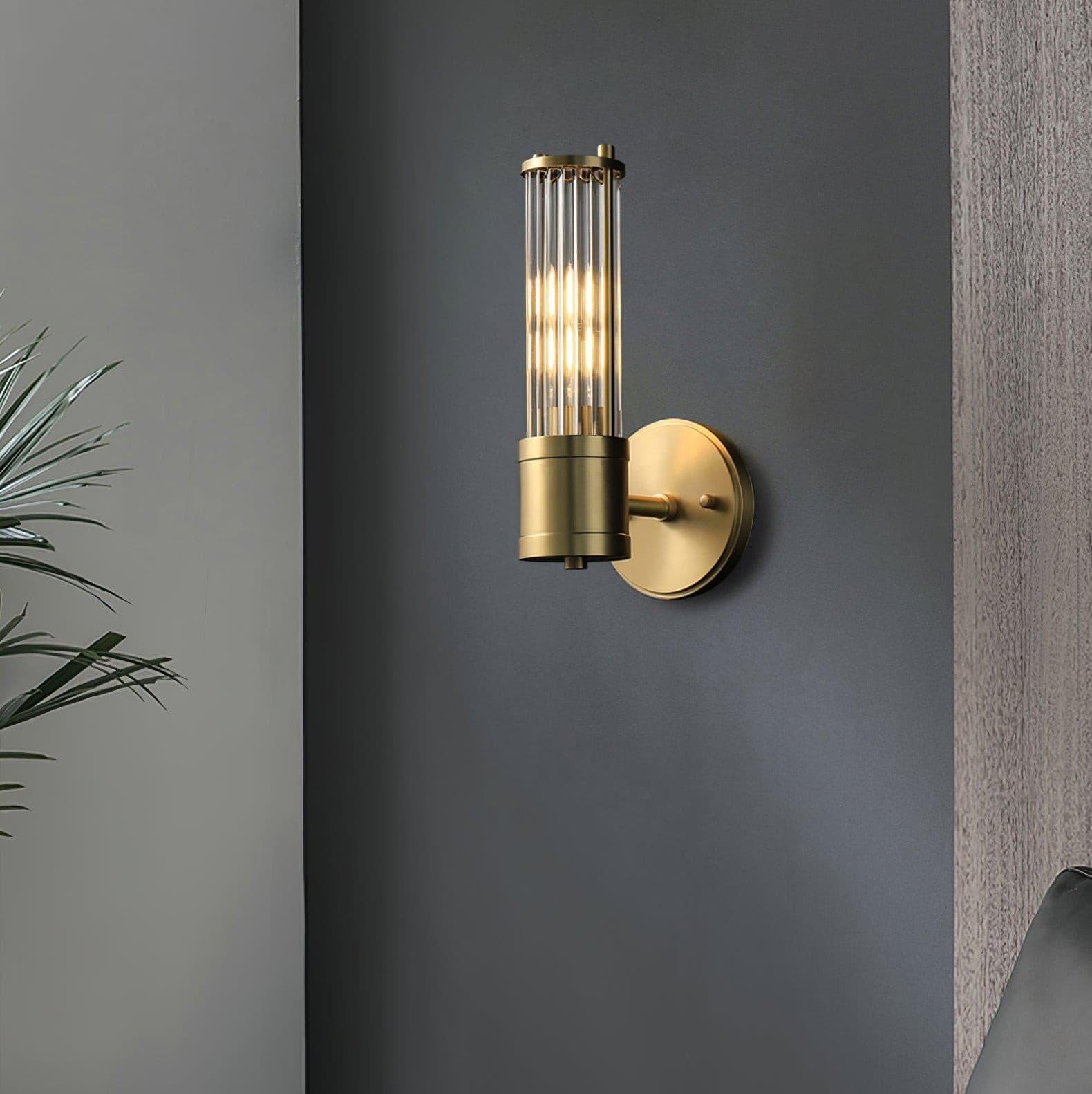 Modern Crystal Rod Cylinder Wall Sconce Brass Indoor Lighting for Living Room and Vanity