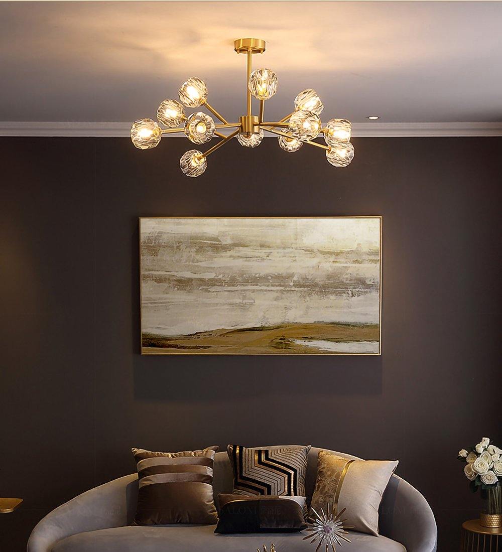 Modern Crystal Sphere Cluster Chandelier Round Brass Pendant Light for Dining Room