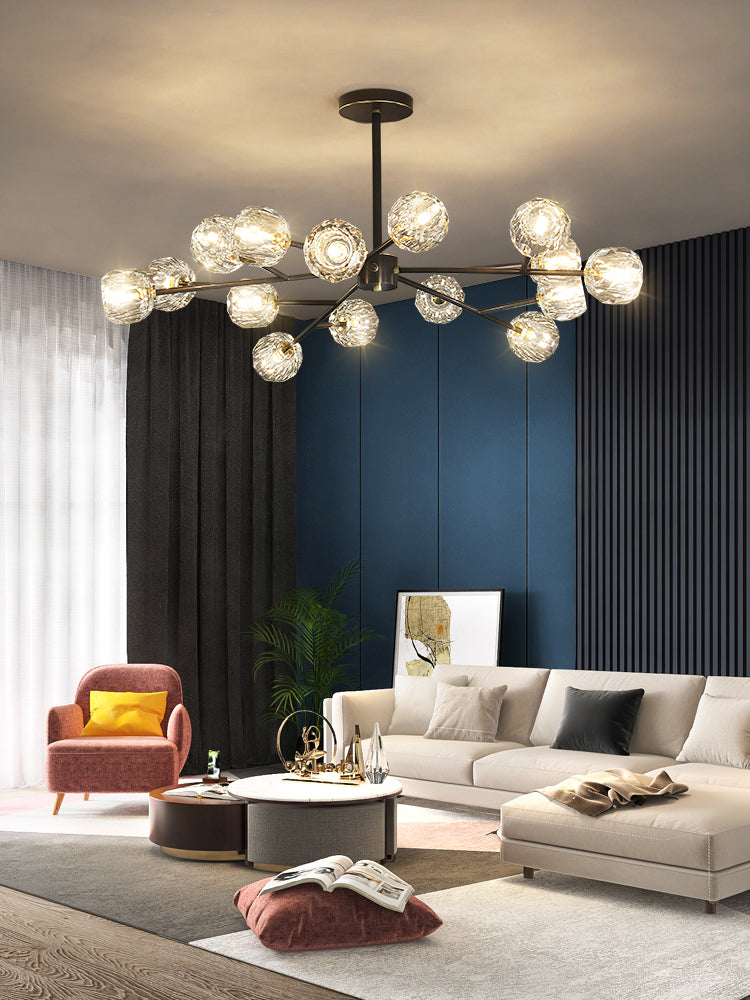 Modern Crystal Sphere Cluster Chandelier Round Brass Pendant Light for Dining Room