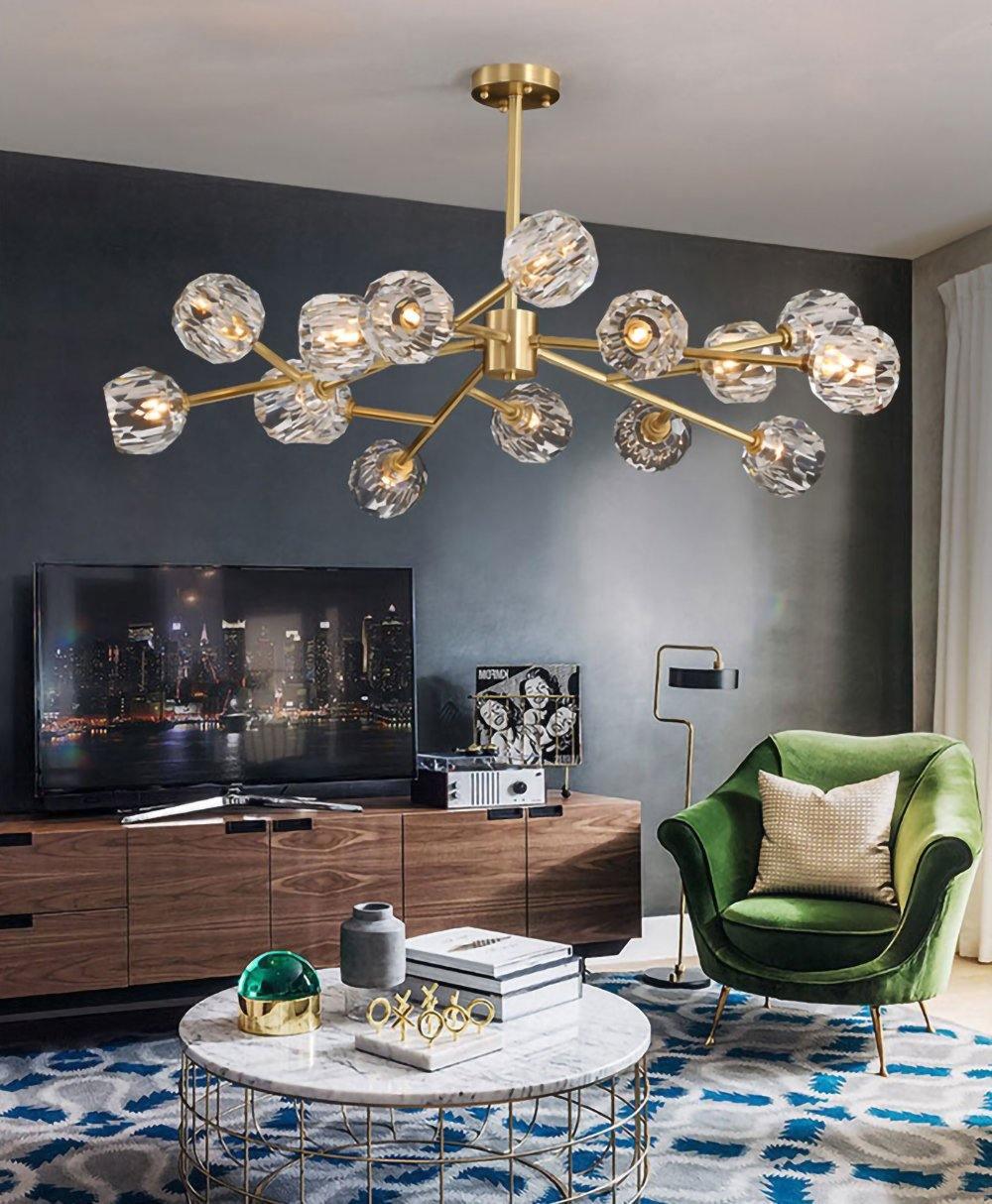 Modern Crystal Sphere Cluster Chandelier Round Brass Pendant Light for Dining Room