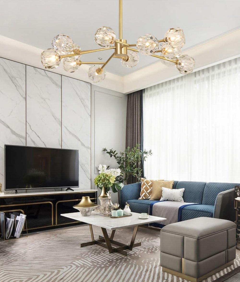 Modern Crystal Sphere Cluster Chandelier Round Brass Pendant Light for Dining Room