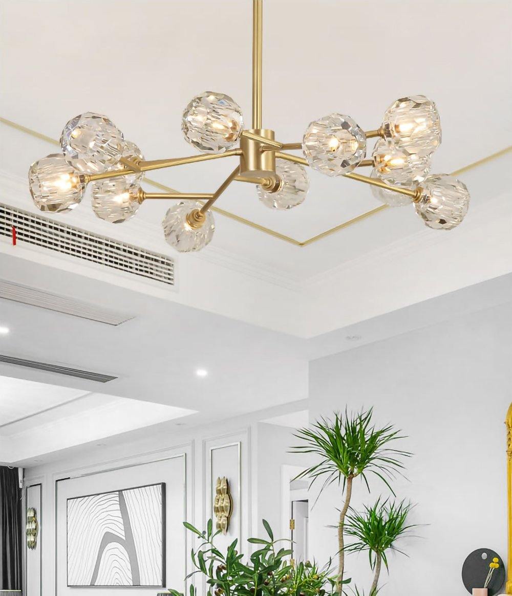 Modern Crystal Sphere Cluster Chandelier Round Brass Pendant Light for Dining Room