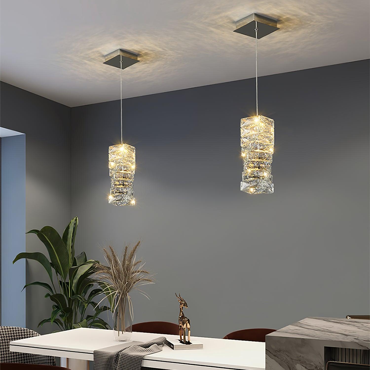Modern Crystal Tube Pendant Light Silver Finish LED Hanging Lamp for Luxury Interior Decor