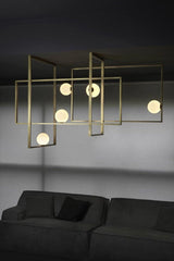 Modern Cubist Style Geometric Glass Ceiling Light with Murano Spheres and Metal Frame