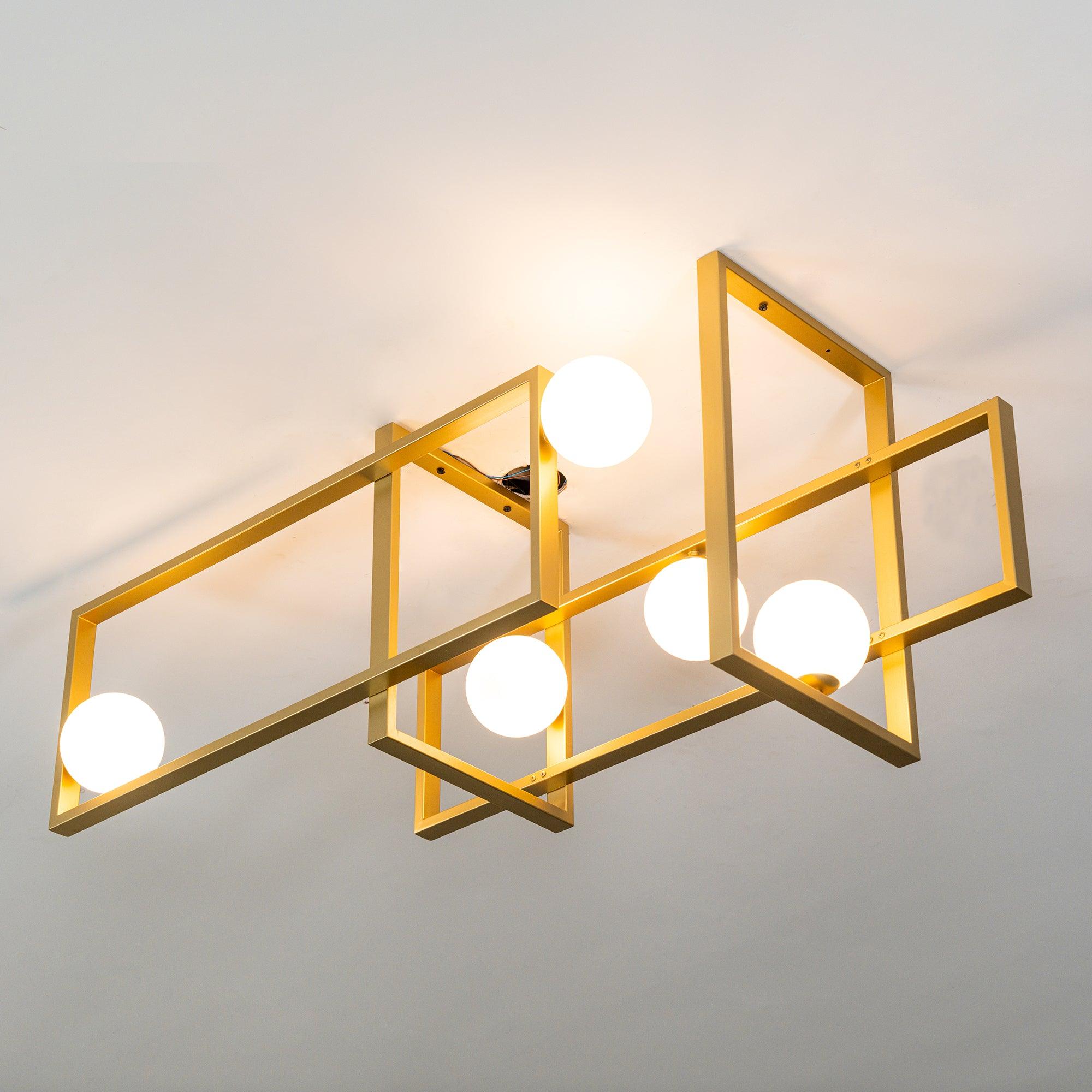 Modern Cubist Style Geometric Glass Ceiling Light with Murano Spheres and Metal Frame