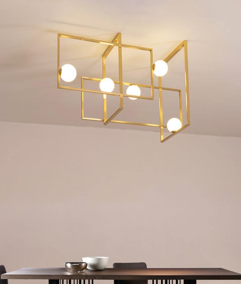 Modern Cubist Style Geometric Glass Ceiling Light with Murano Spheres and Metal Frame