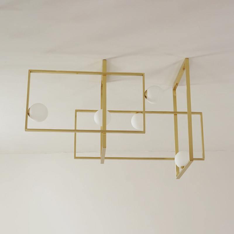 Modern Cubist Style Geometric Glass Ceiling Light with Murano Spheres and Metal Frame