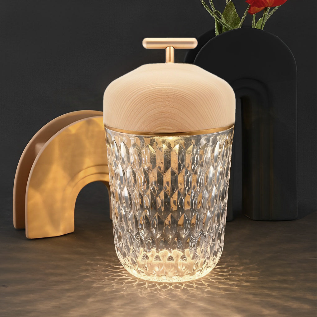 Modern Cup Shaped Crystal Glass Table Lamp Cordless Rechargeable LED Bedside Light with Wood Lid