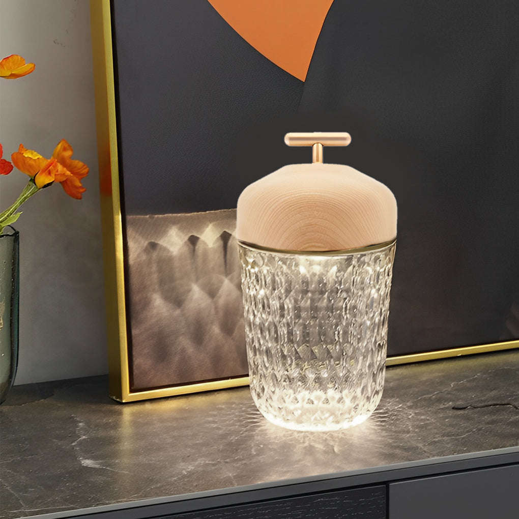 Modern Cup Shaped Crystal Glass Table Lamp Cordless Rechargeable LED Bedside Light with Wood Lid