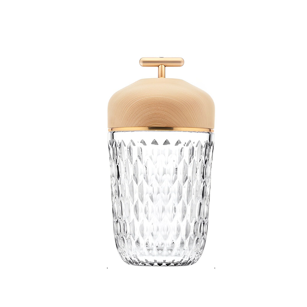 Modern Cup Shaped Crystal Glass Table Lamp Cordless Rechargeable LED Bedside Light with Wood Lid
