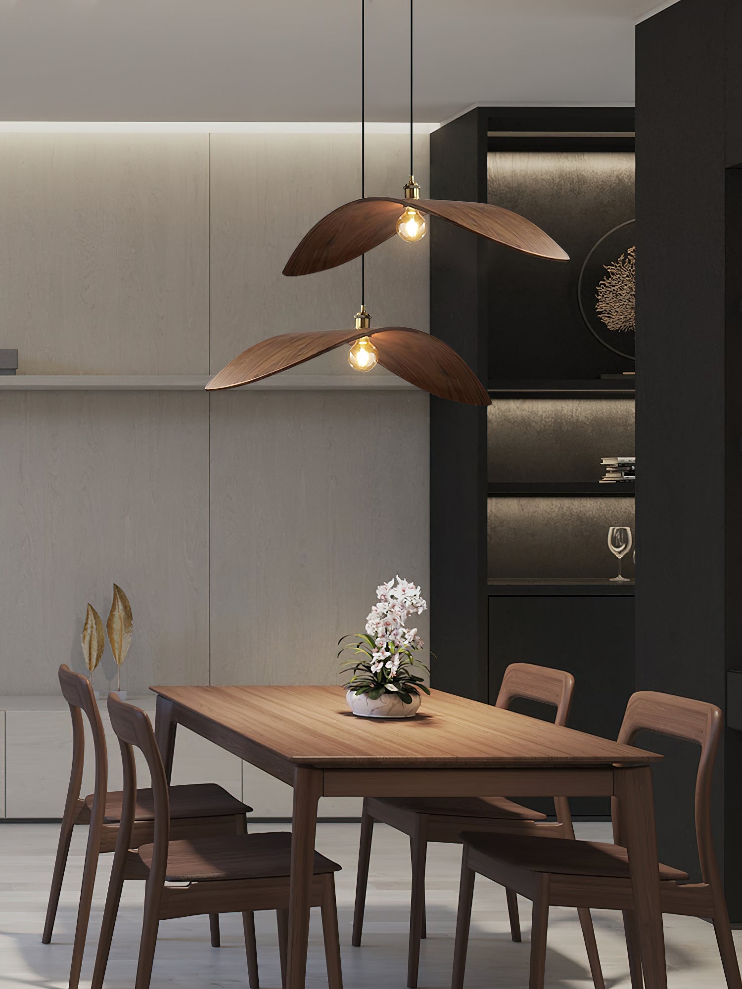 Modern Curved Fraxinus Wood Pendant Light Walnut Finish Scandinavian Hanging Lamp