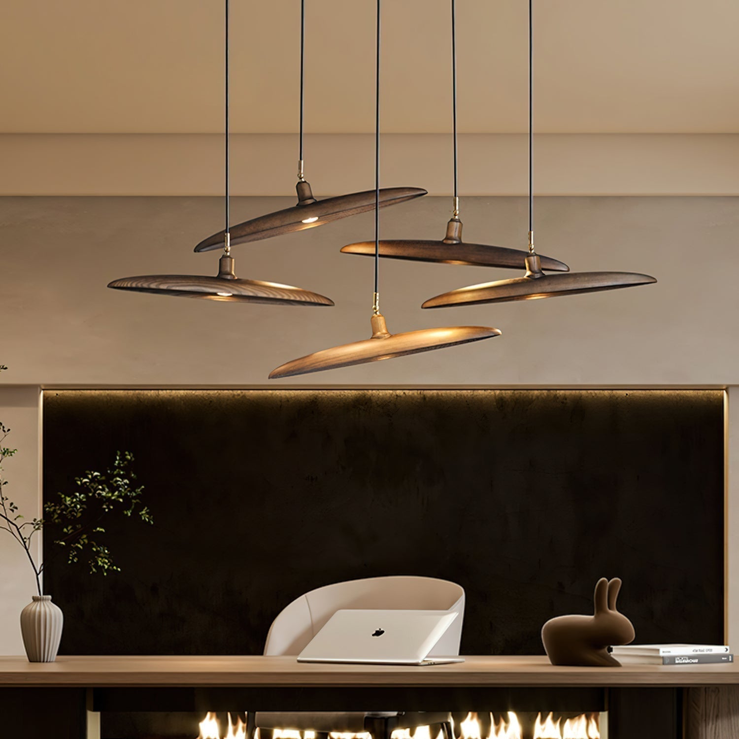 Modern Curved Wooden Paddle Boat LED Chandelier Minimalist Pendant Light Fixture