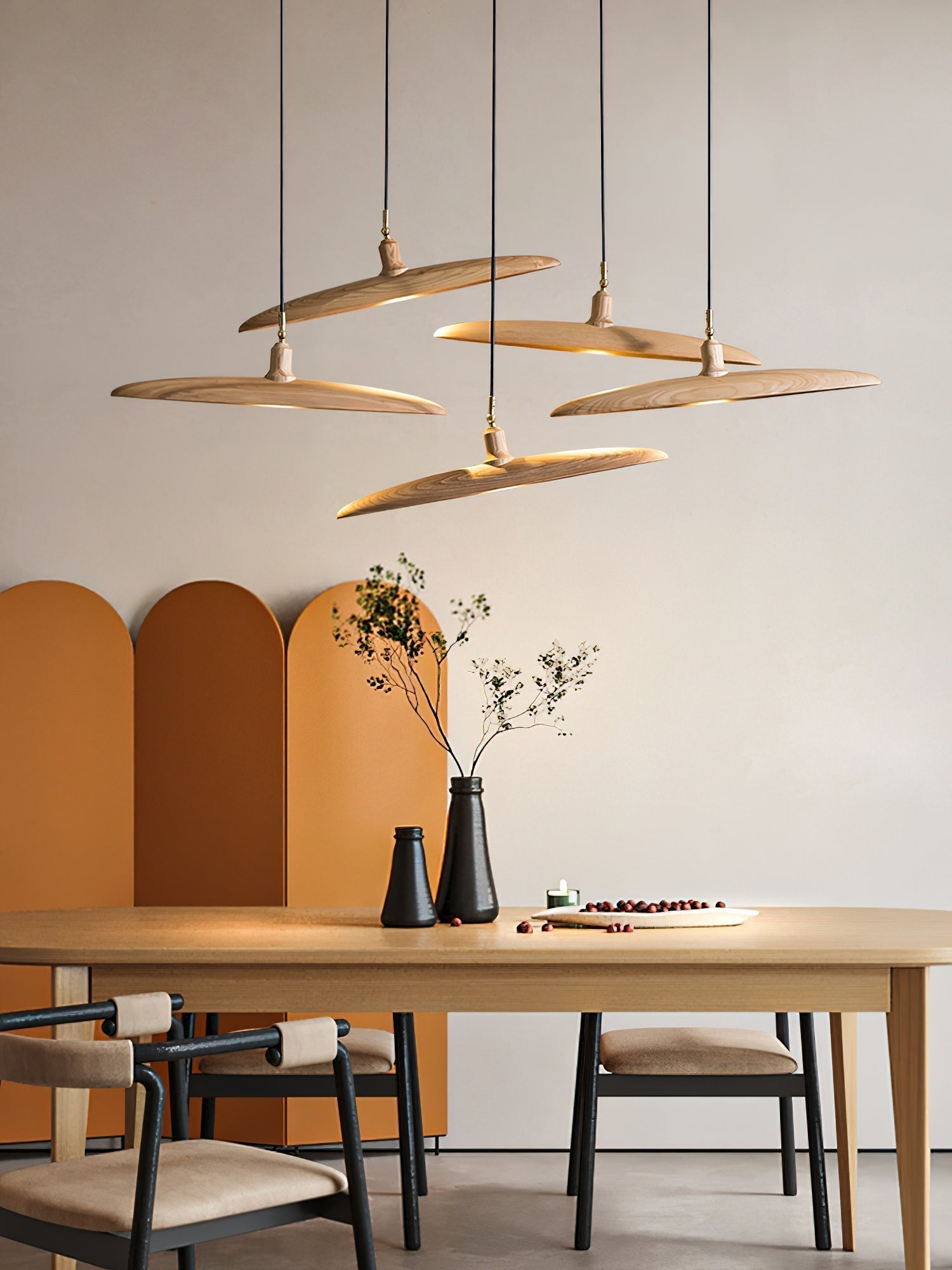 Modern Curved Wooden Paddle Boat LED Chandelier Minimalist Pendant Light Fixture