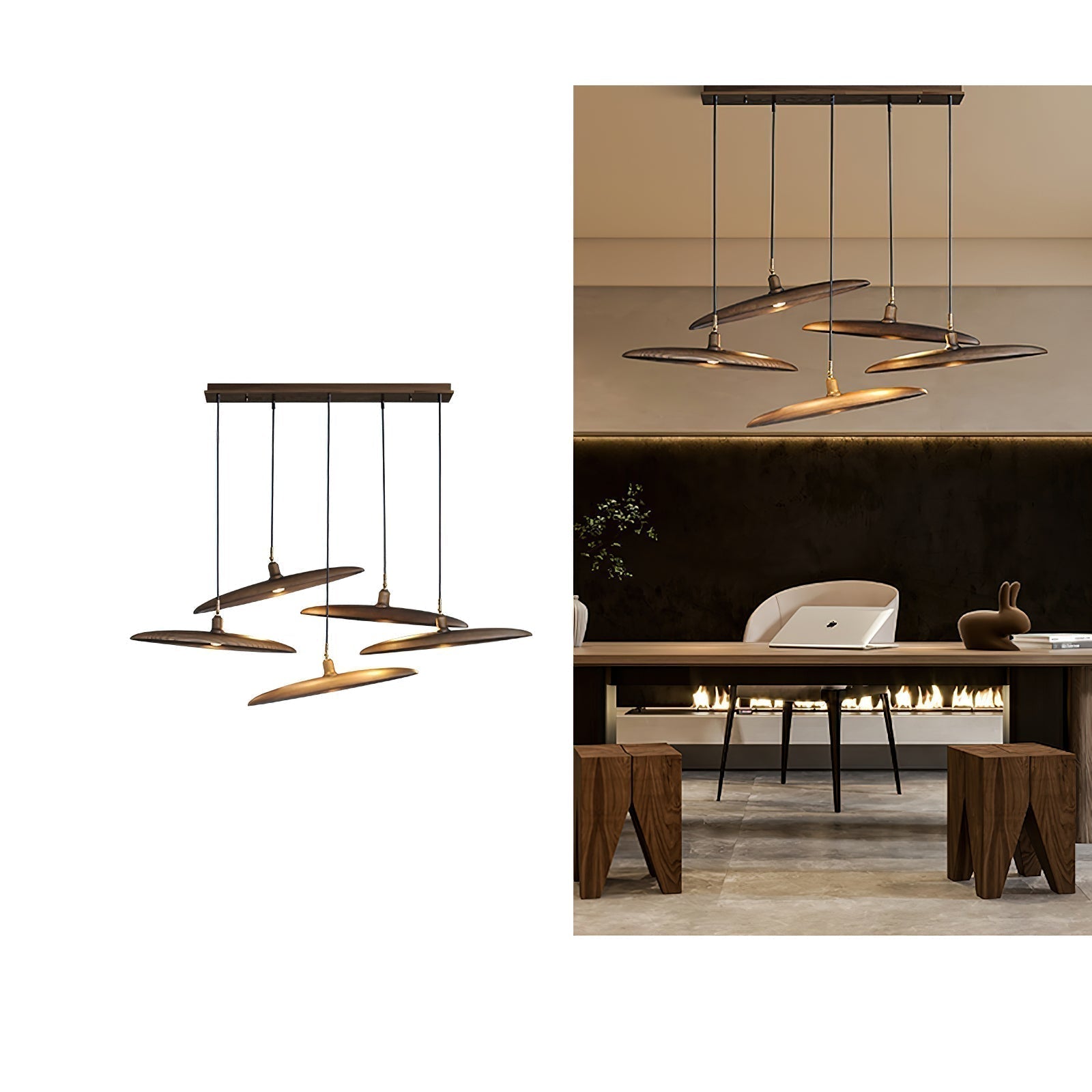 Modern Curved Wooden Paddle Boat LED Chandelier Minimalist Pendant Light Fixture