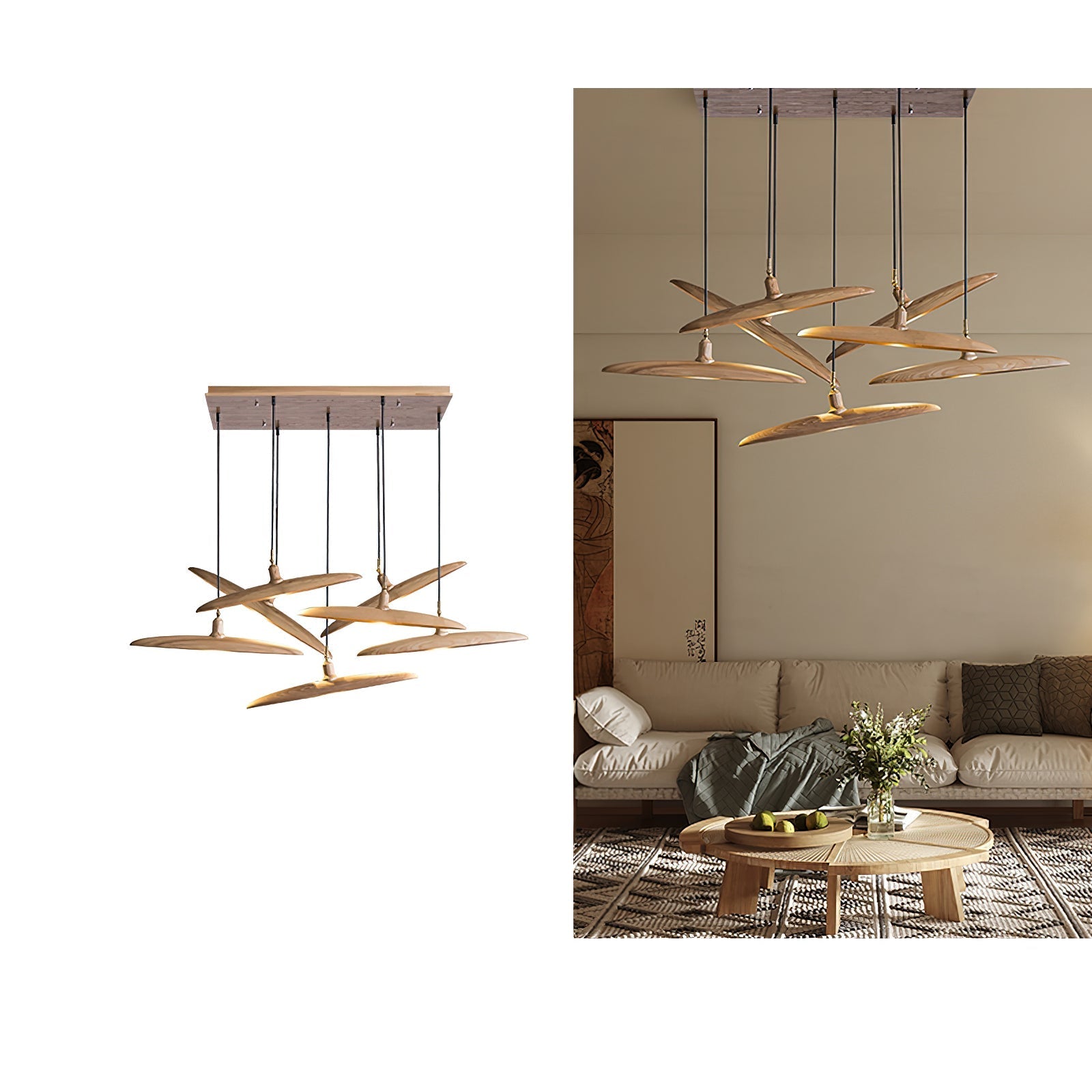 Modern Curved Wooden Paddle Boat LED Chandelier Minimalist Pendant Light Fixture