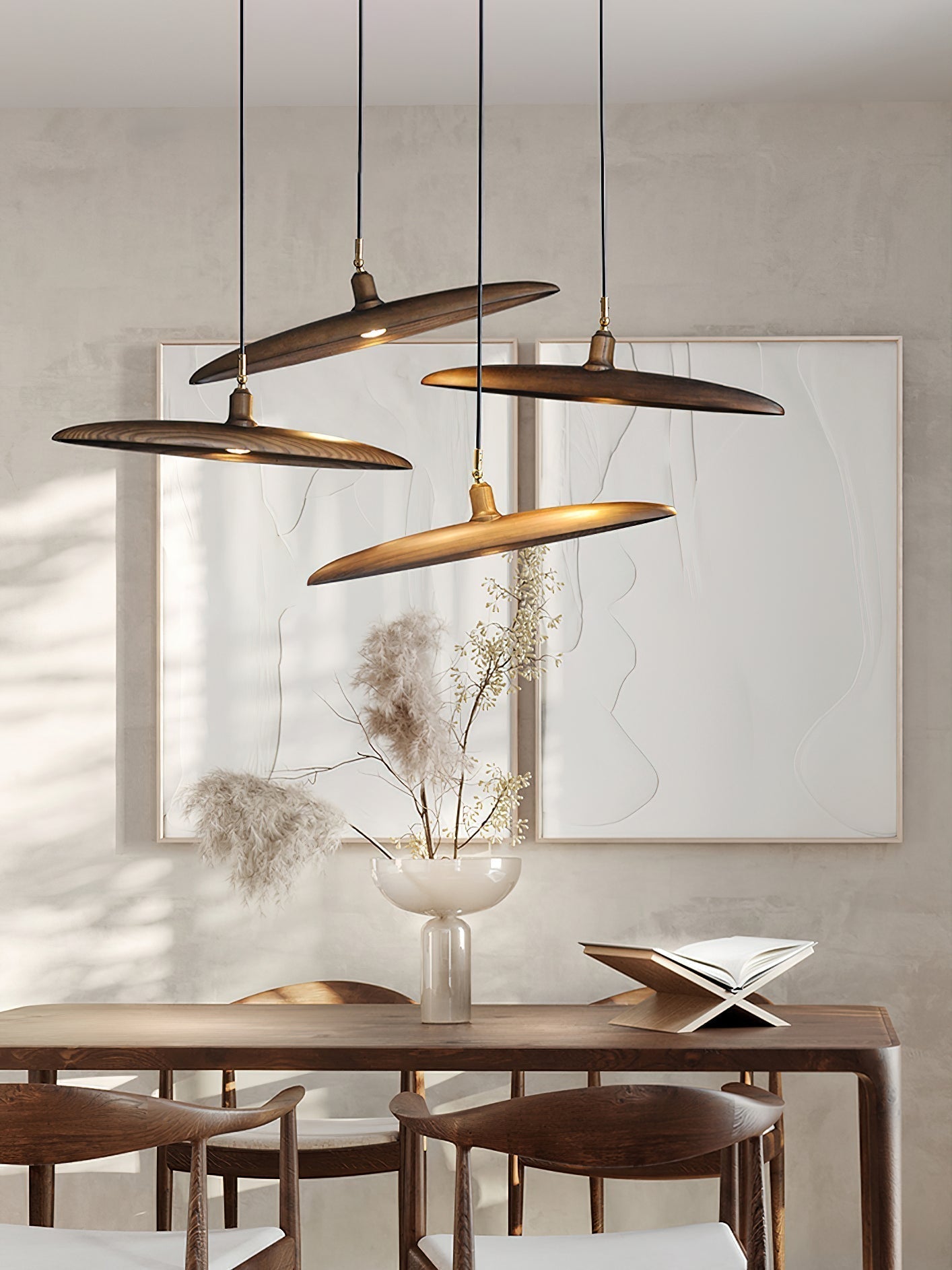 Modern Curved Wooden Paddle Boat LED Chandelier Minimalist Pendant Light Fixture