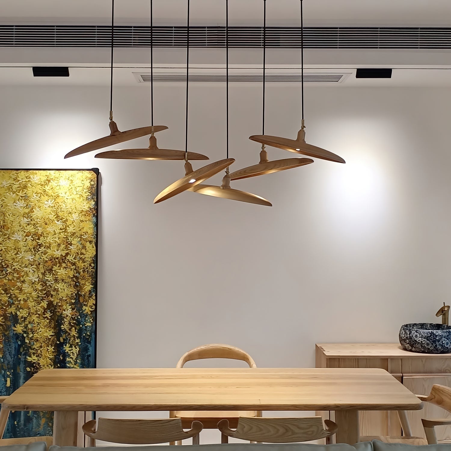 Modern Curved Wooden Paddle Boat LED Chandelier Minimalist Pendant Light Fixture