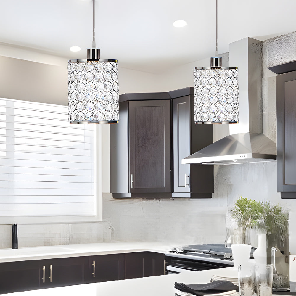 Modern Cylinder Crystal Pendant Lights Set of 2 Nordic Style Hanging Lamps for Dining Room