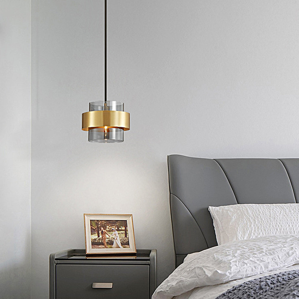 Modern Cylinder Glass Pendant Light with Copper Ring and 3 Step Dimming for Bedroom Dining Room