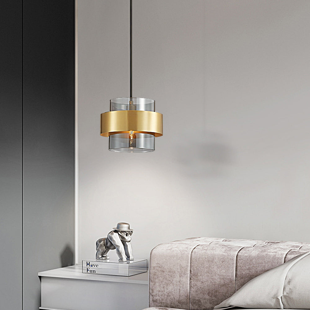 Modern Cylinder Glass Pendant Light with Copper Ring and 3 Step Dimming for Bedroom Dining Room