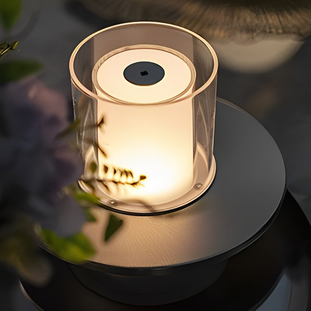 Modern Cylinder Rechargeable LED Candle Table Lamp with Dish Base and Touch Dimmer
