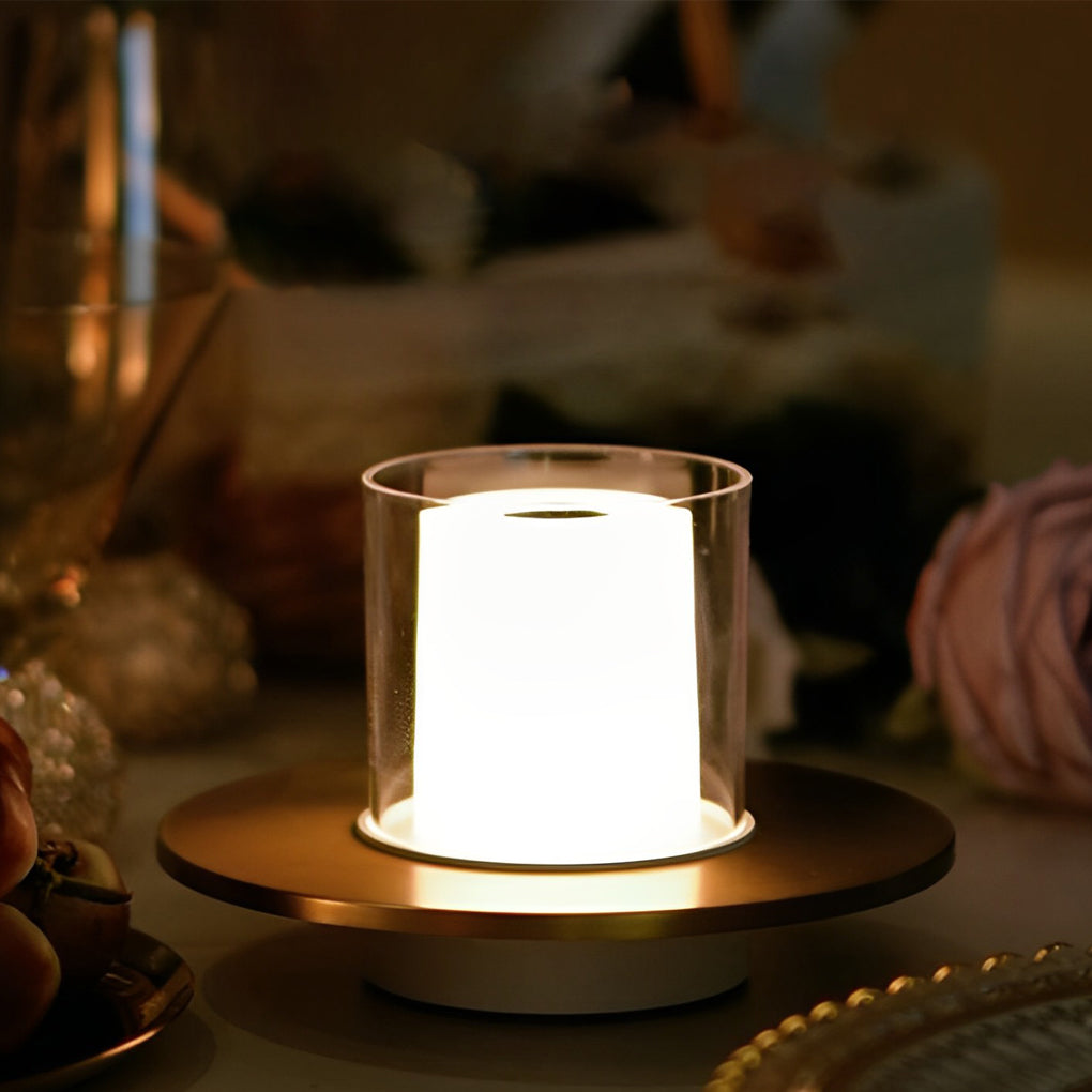 Modern Cylinder Rechargeable LED Candle Table Lamp with Dish Base and Touch Dimmer
