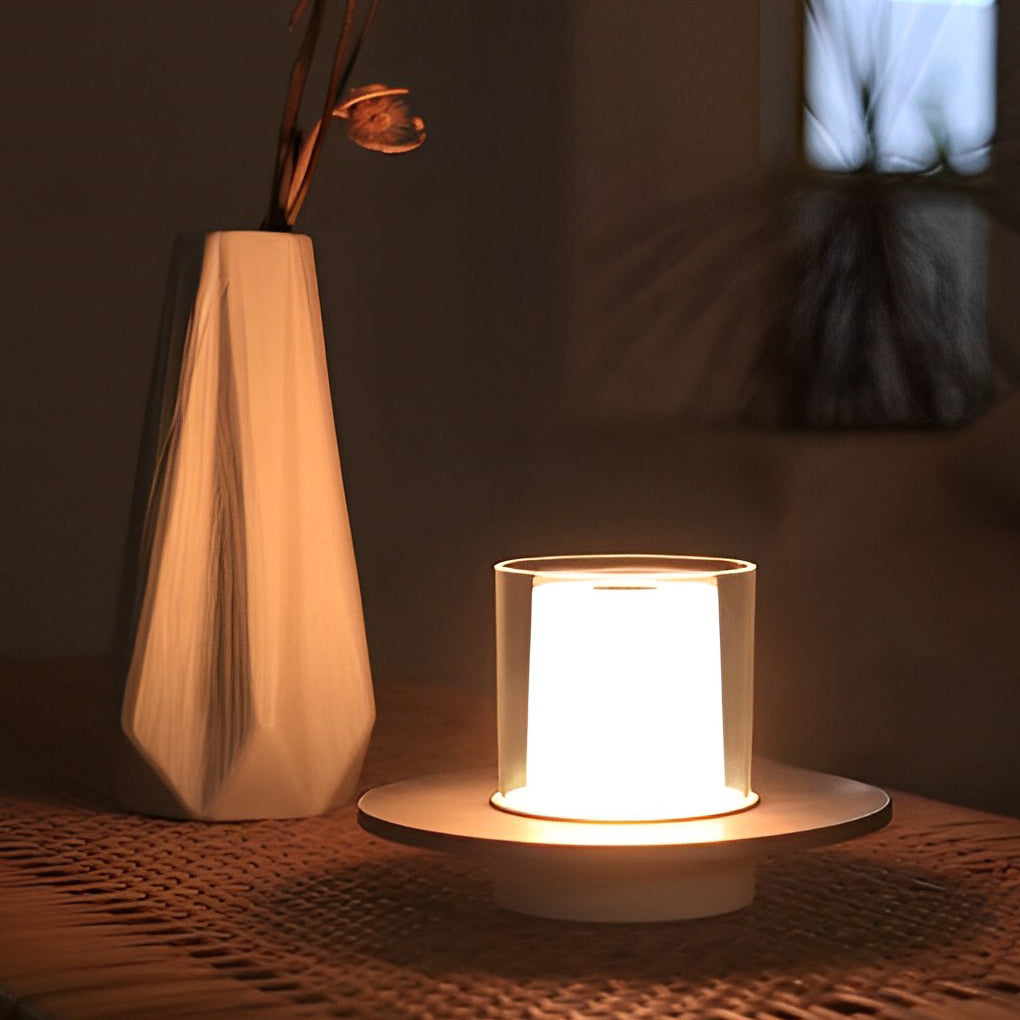 Modern Cylinder Rechargeable LED Candle Table Lamp with Dish Base and Touch Dimmer